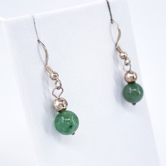Vintage Sterling Silver 925 Green Jadeite Sphere Dangle Earrings - Picture 3 of 8